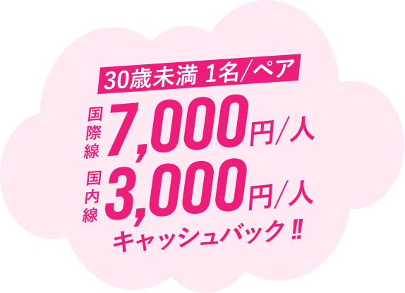 30歳未満1名/ペア 国内線1人3,000円・国際線1人7,000円キャッシュバック