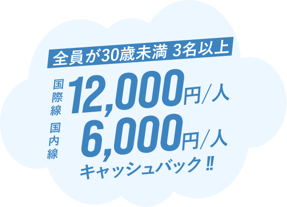 30歳未満3名以上（全員） 国内線1人6,000円・国際線1人12,000円キャッシュバック
