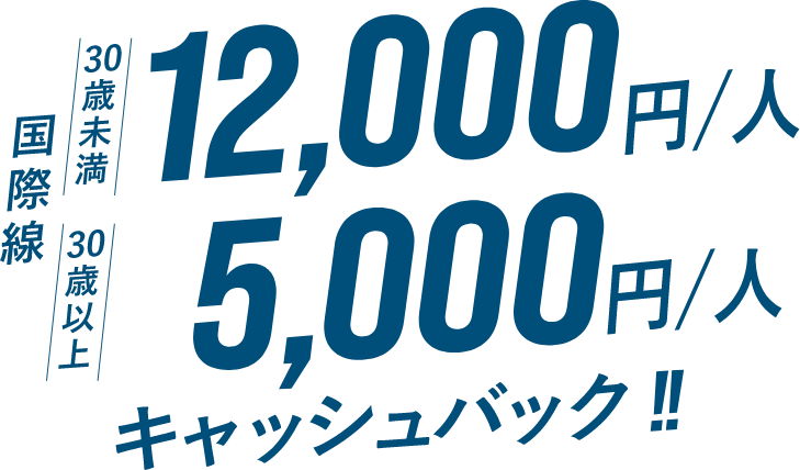 国際線 30歳未満 1人12,000円、30歳以上 1人5,000円キャッシュバック